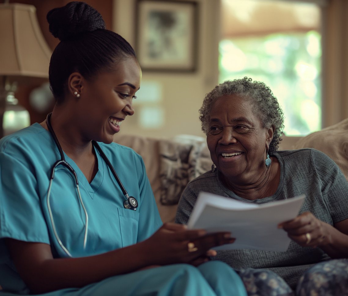 A nurse going through paperwork with an older woman on her sofa