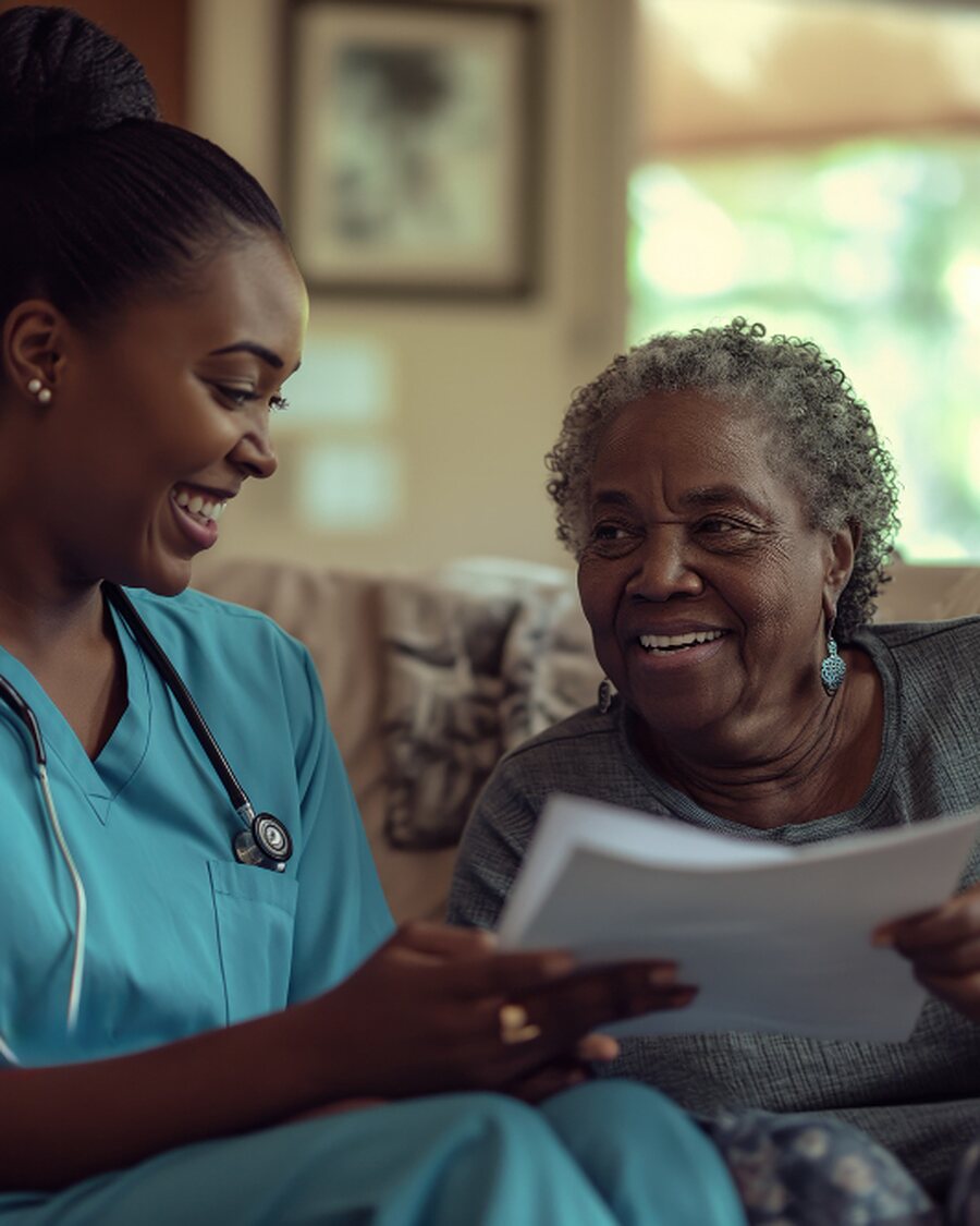 A nurse going through a written care plan with a client on her sofa